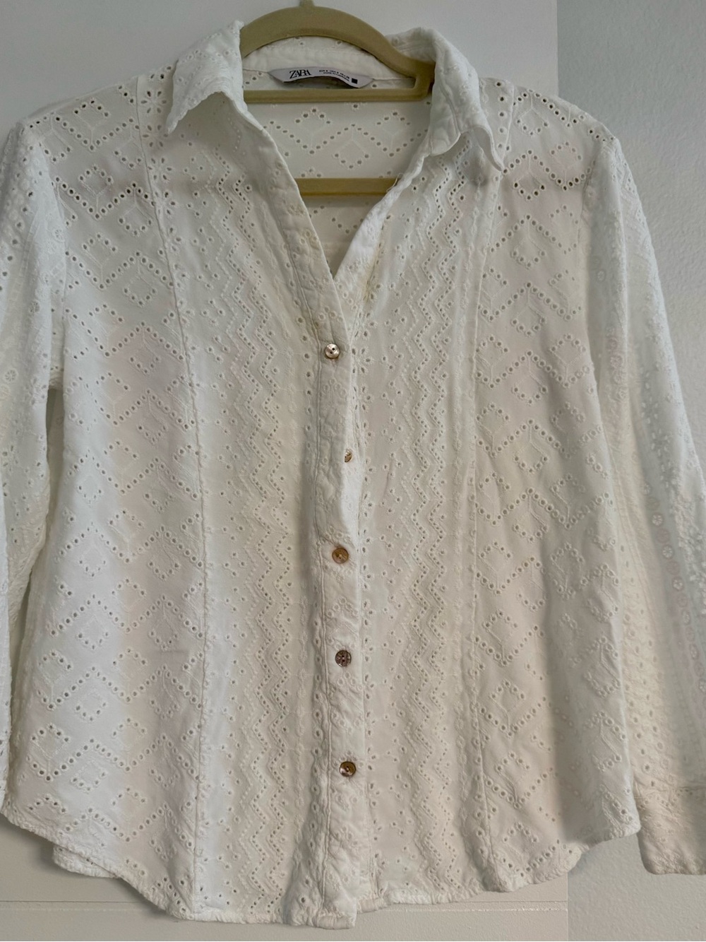 Zara Cream Eyelet Button-Down Shirt